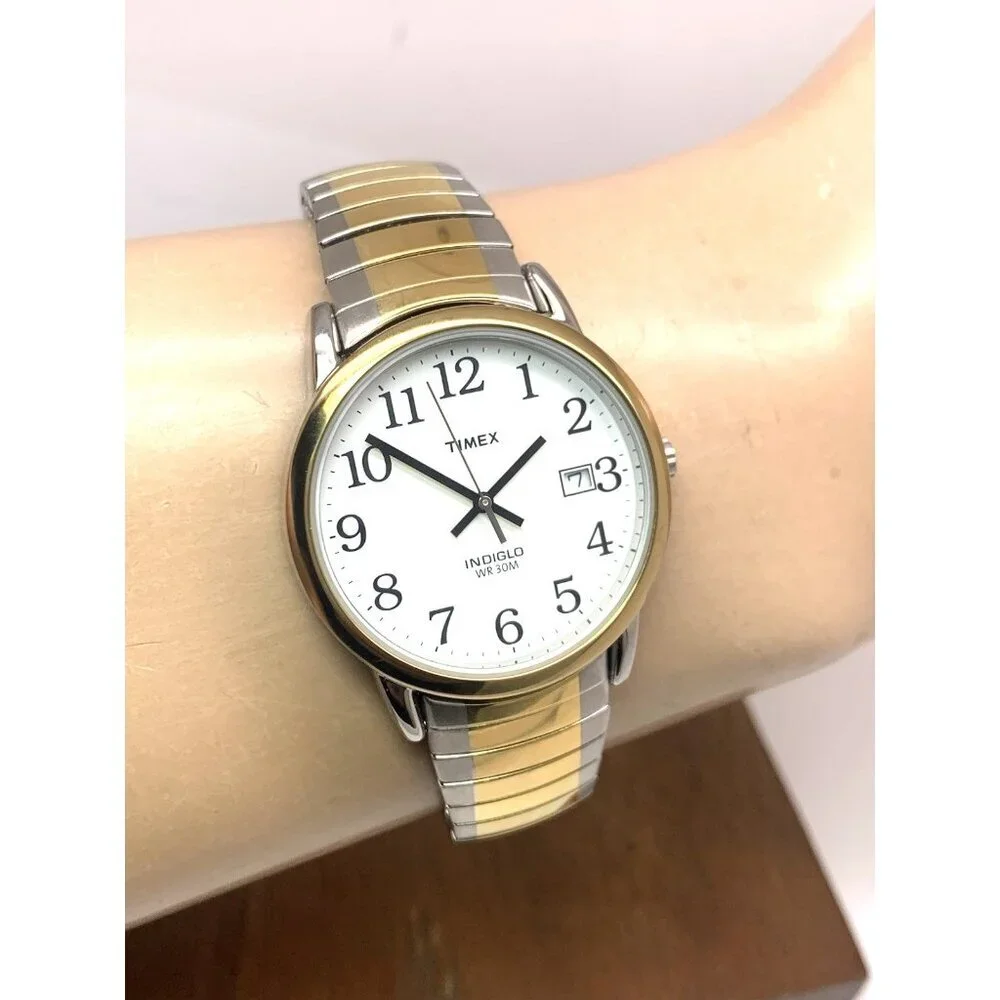 Timex Men's Watch T2H311 Indiglo White Dial Quartz Two Tone Expansion Band 35mm